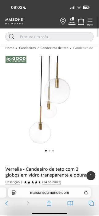 Candeeiro de teto com 3 globos em vidro transparente e dourado