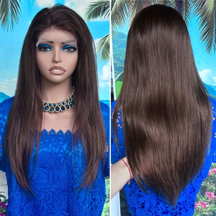 Натуральный парик имитация кожи славянка коричневые русые волосы 60 см