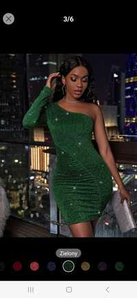Nowa sukienka zielona brokatowa błyszcząca na jedno ramię krótka 36 s