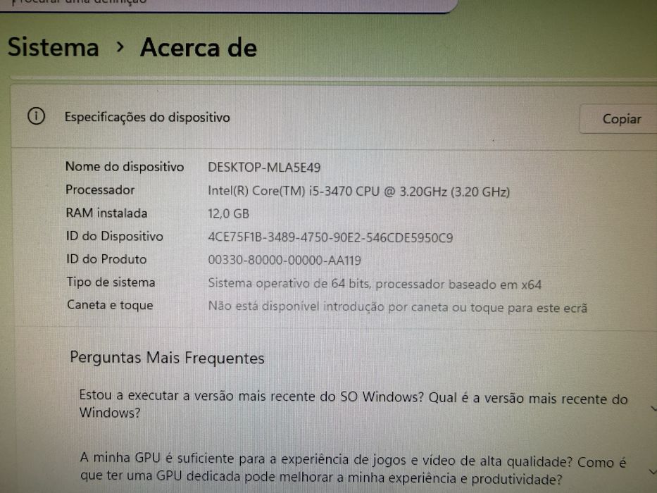 Computador i5+GTX1050+SSD120Gb+12Gb