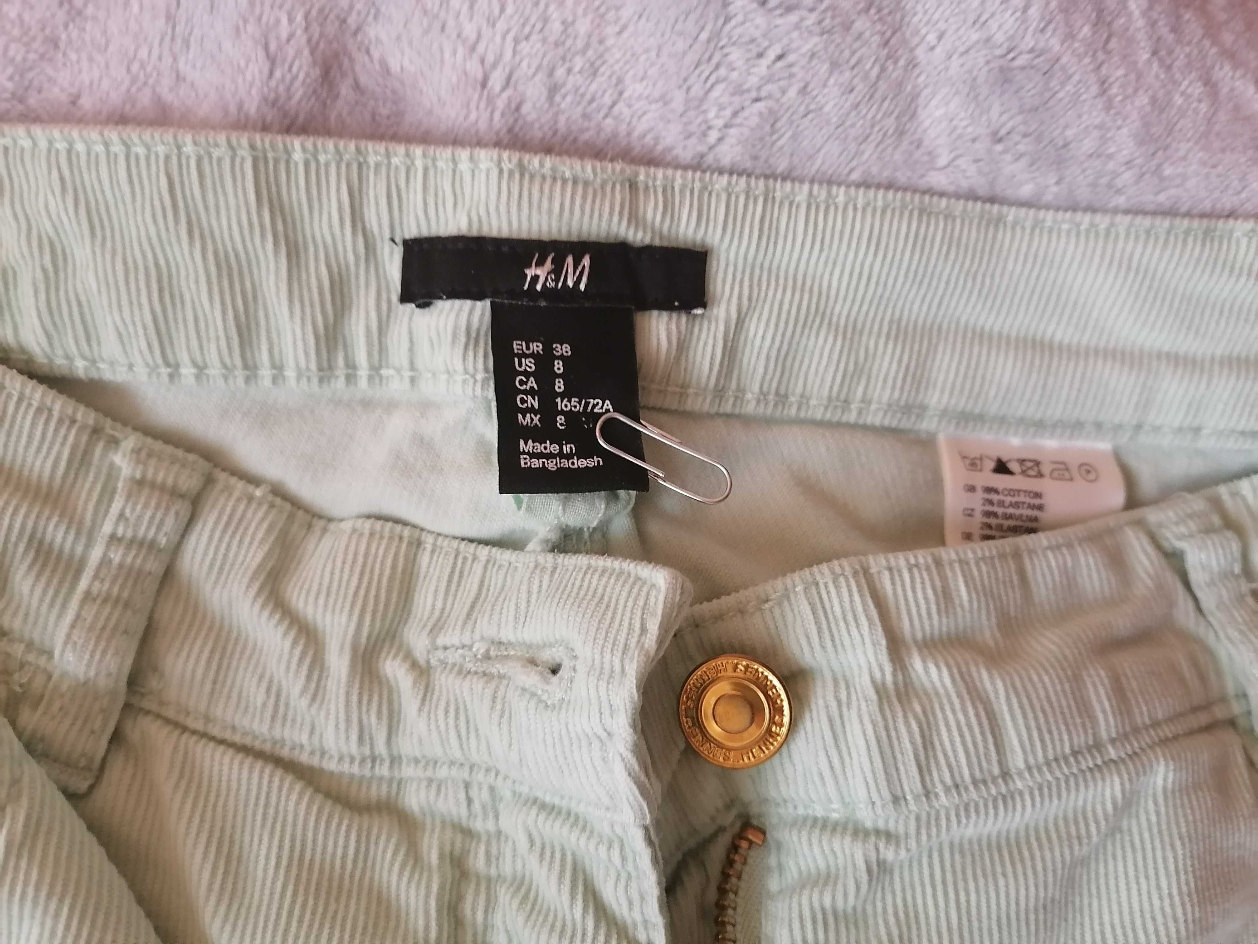 Spodnie damskie H&M 38  młodzieżowe sztruksowe kolor miętowy