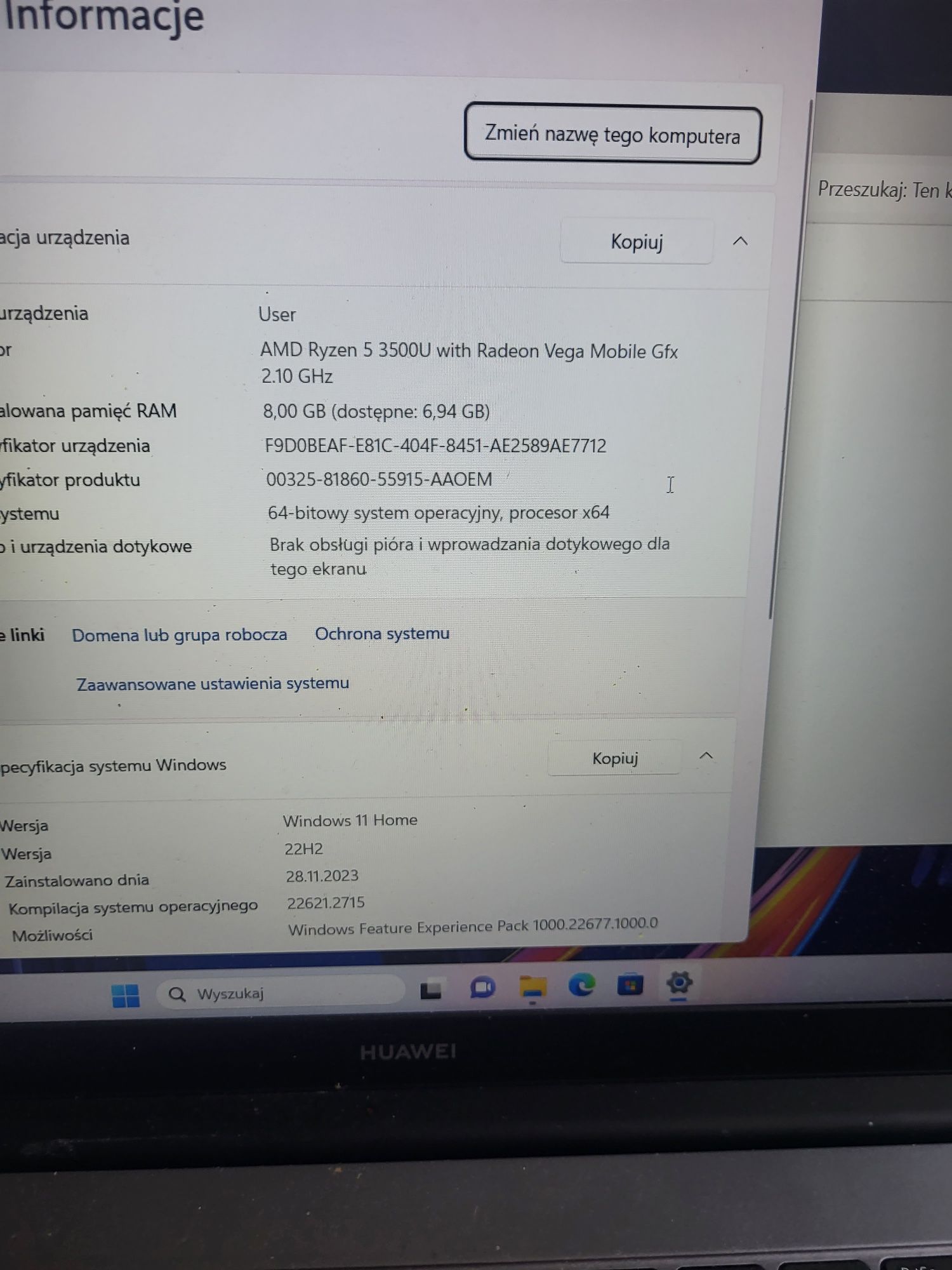 Sprzedam HUAWEI MateBook D15 boh-waq9r. Ryzen 5/8GB/256/WIN 11

Sprzed