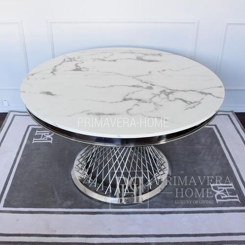 Stół glamour okrągły srebrny stalowy z marmurowym blatem