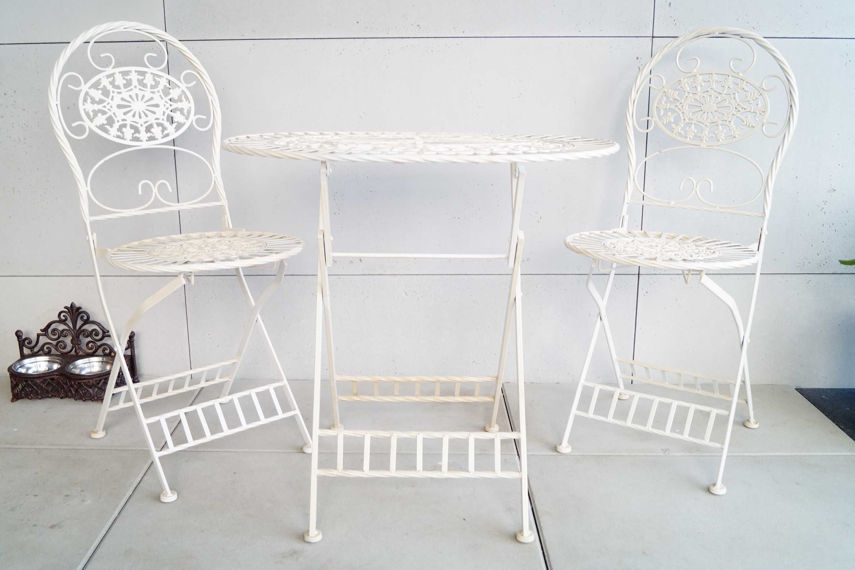 Stół + dwa krzesła ogrodowe białe patynowane rustykalne retro patio