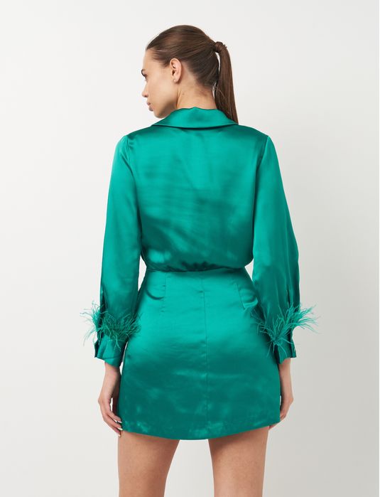 Жіноча атласна міні-сукня zara з пір'ям на манжетах рукавів