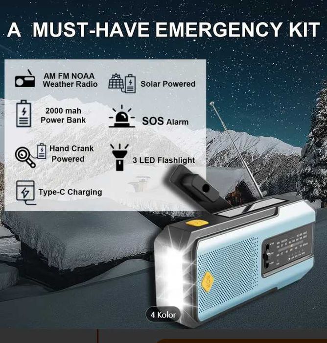 Radio Przenośne Powerbank 2000mAh Latarka Ładowanie Solarne, Korbowe