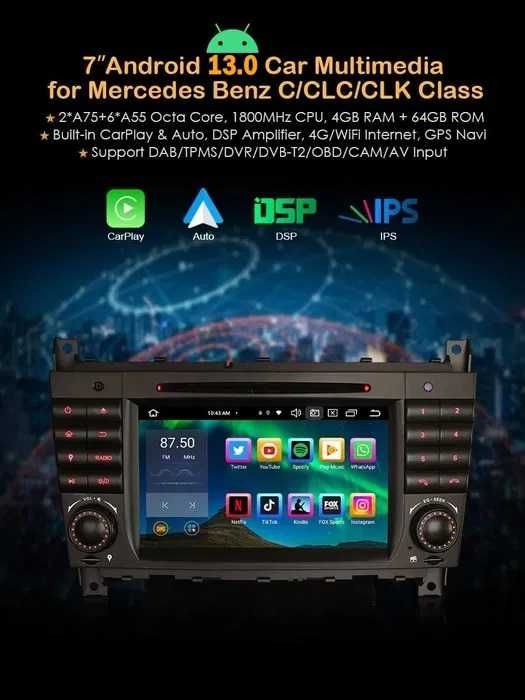 Auto-rádio 2 din android 13 64GB para Mercedes c220 w203 ano 2004
