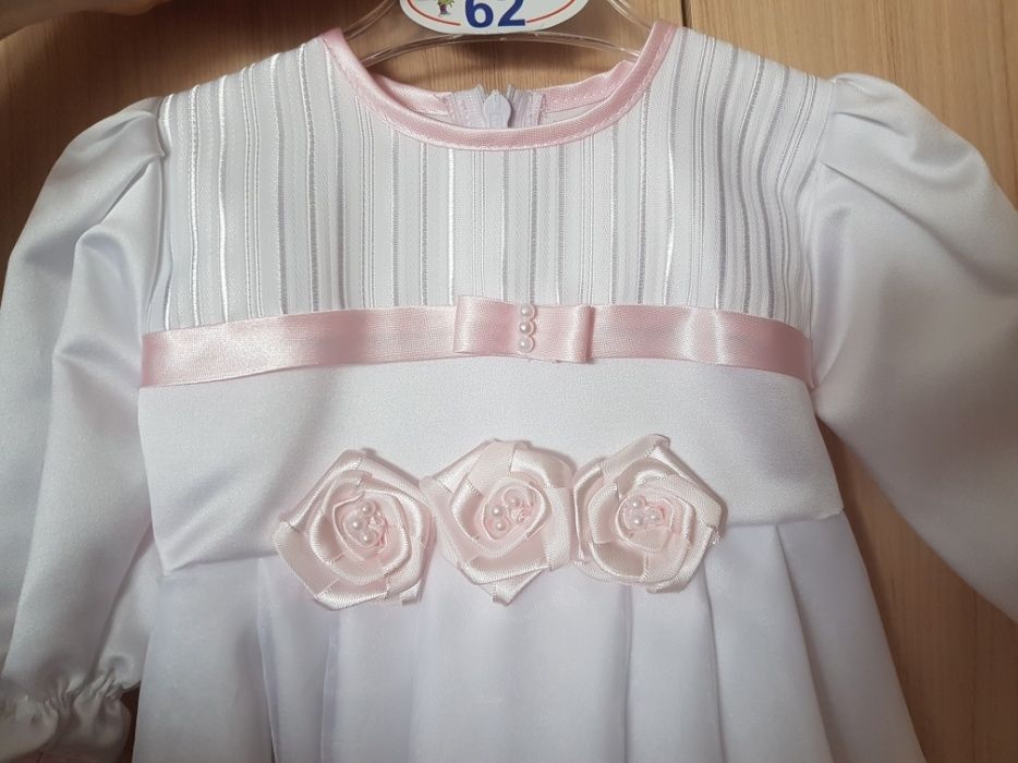 Nowy!Komplet/ zestaw na chrzciny sukienka bolerko kapelusz rozm. 62 cm