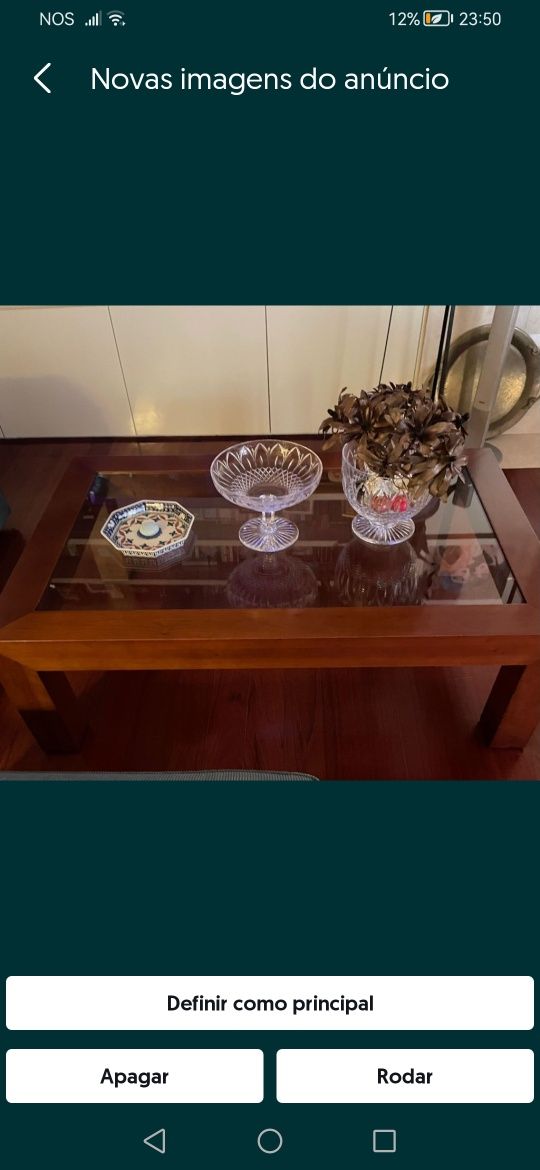 Mesa de madeira lacada quadrada+mesa centro vidro+mesa centro madeira