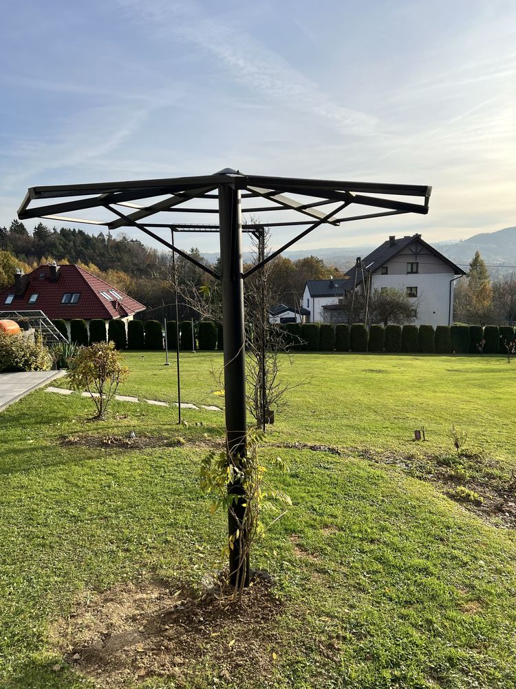 Parasol, stojak na winogrona, kwiaty, dekoracja ogrodowa