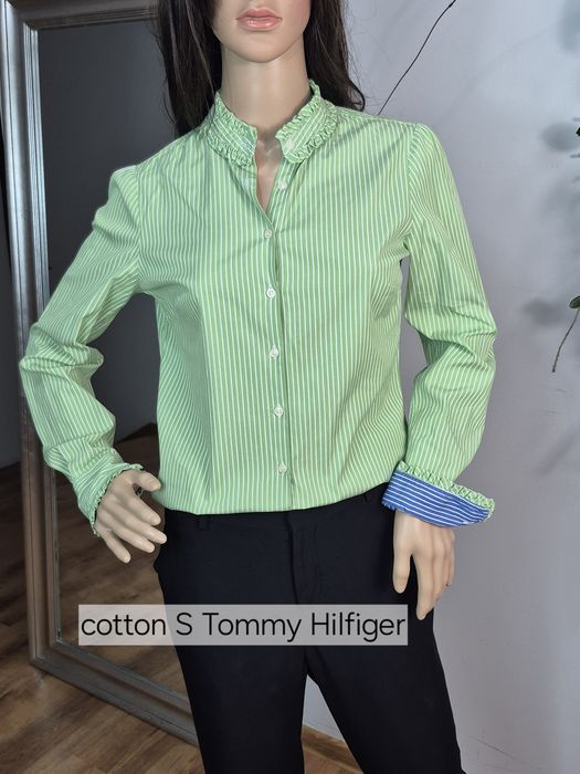Koszula damska Tommy Hilfiger S  zielona w paski bawełniana z falbanką