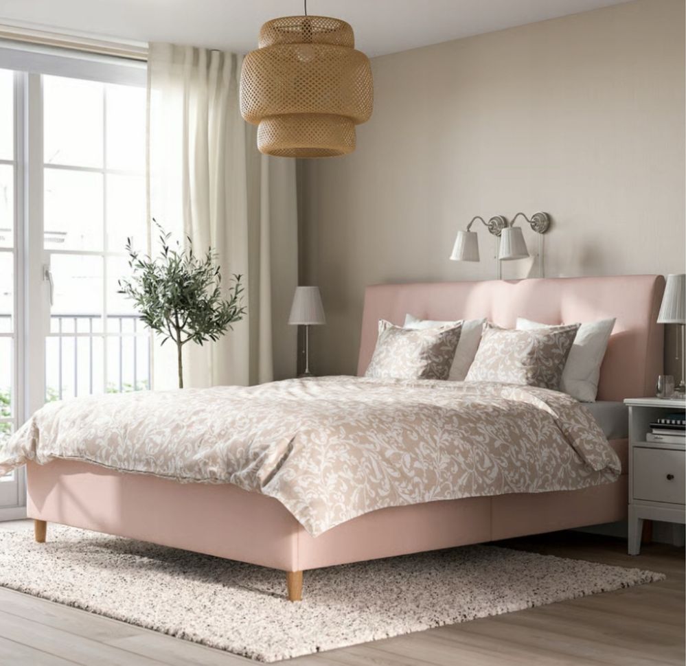 ŁÓŻKO IKEA IDANÄS – tapicerowana rama, jasnoróżowe – 180x200 cm, nieuż