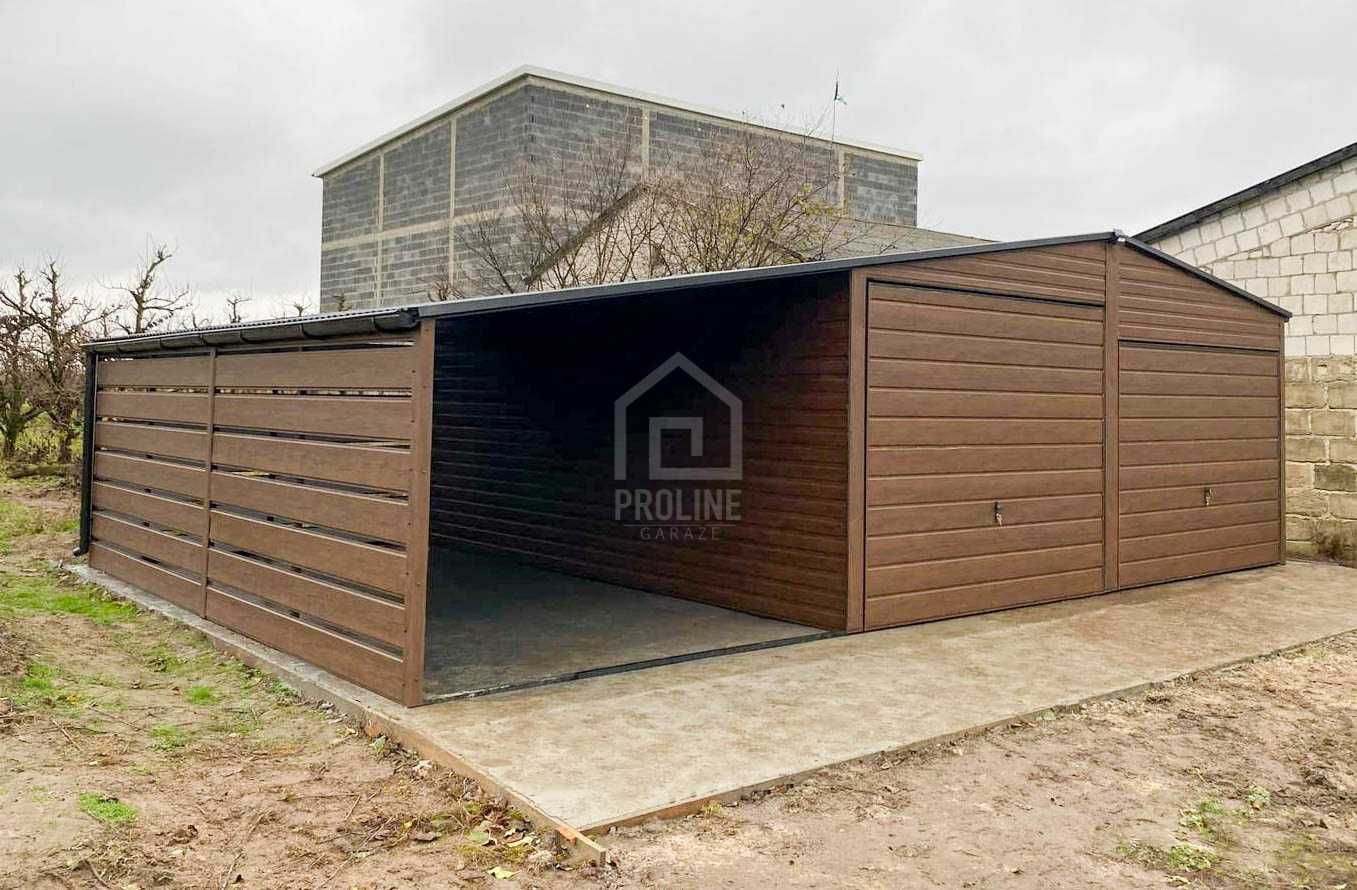 Garaż blaszany 6x6 + wiata 3x6 2x Brama rynny Dach dwuspadowy PLG111