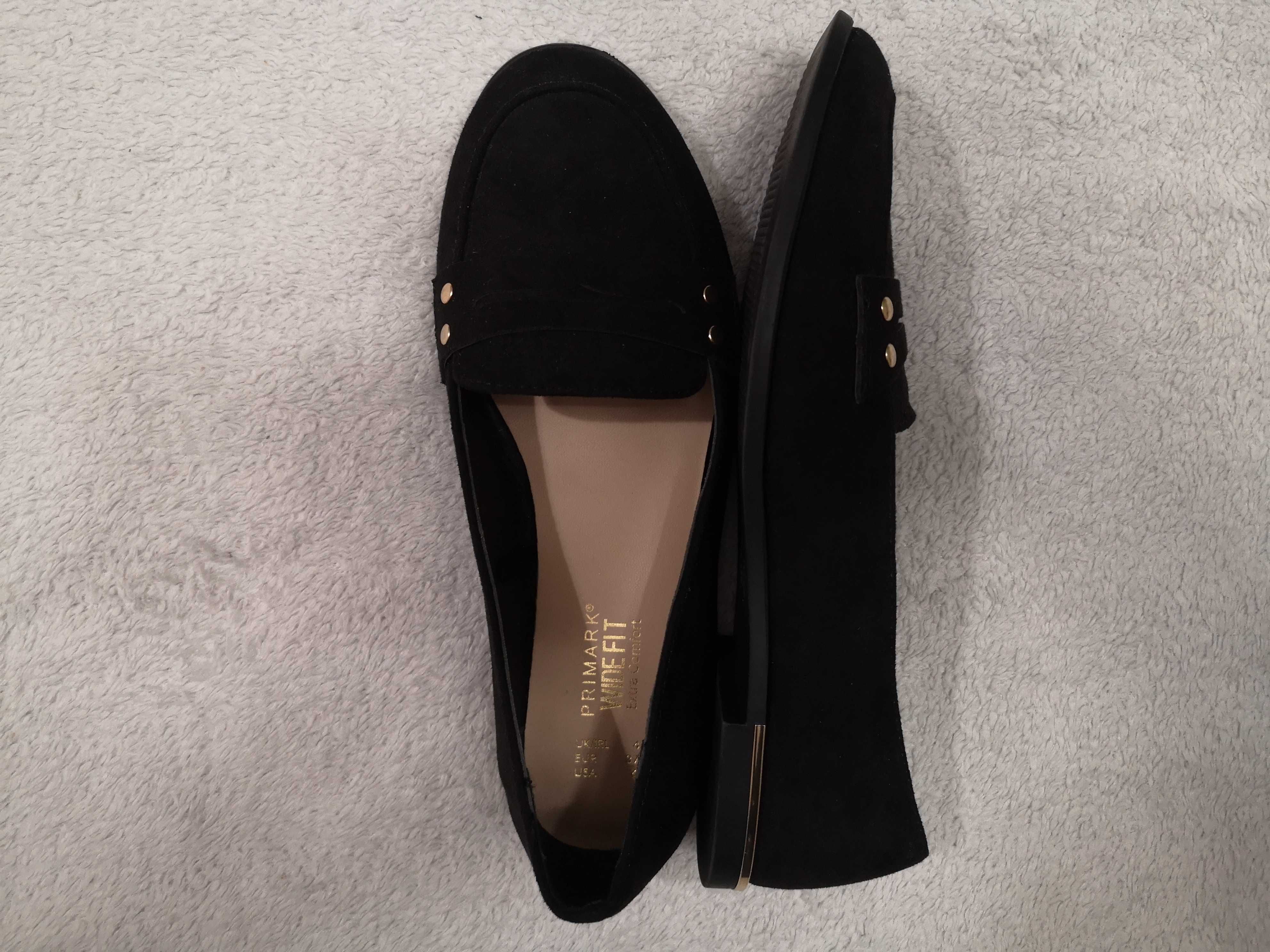 Czarne zamszowe eleganckie buty mokasyny Primark Wide Fit 37 jak nowe