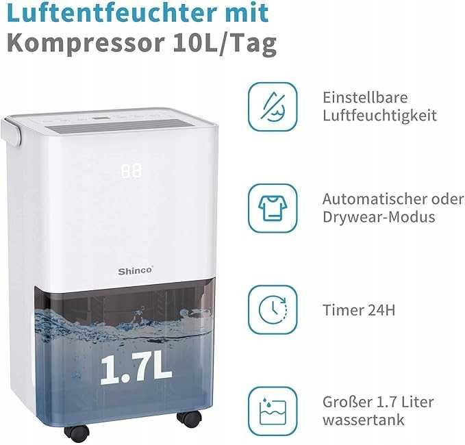 Osuszacz powietrza SHINCO 10 l/ SDL5-10D 200W czujnik wilgotności 45m3