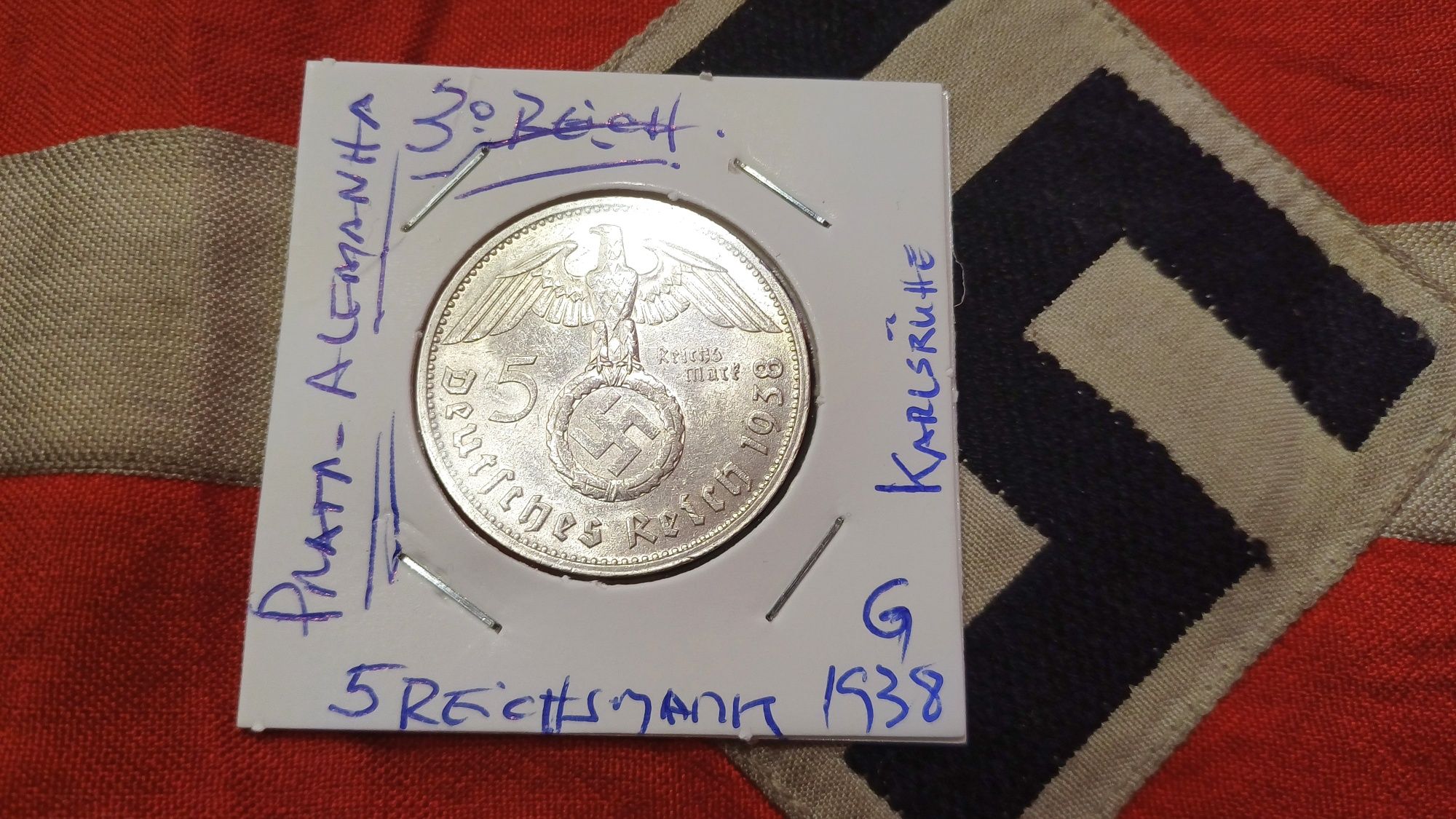 PROMOÇÃO--5 reichsmark PRATA 1938 G escassa Alemanha nazi-suástica