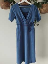 Sukienka ciążowa z bawełny, klopertowy dekolt, niebieska, z przewiązan