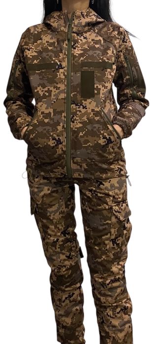 Жіноча осіння тактична військова куртка піксель софтшелл на флісі