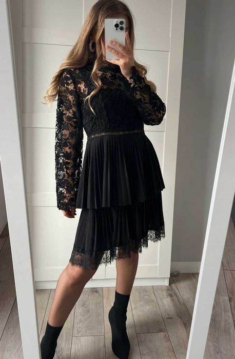 Zara czarna plisowana sukienka MIDI na wesele koronkowe wstawki L