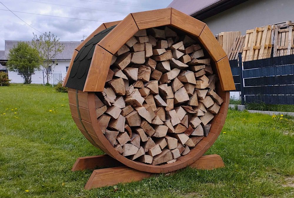Wiata na drewno Beczka - DREWUTNIA - Regał - Stojak na drewno DO SAUNY