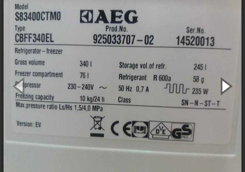 Холодильник AEG S83400CTMO ( 185 см) з Європи