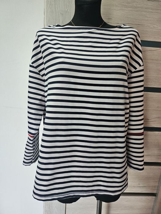 Bluzka elegancka na długi rękaw w biało granatowe paski