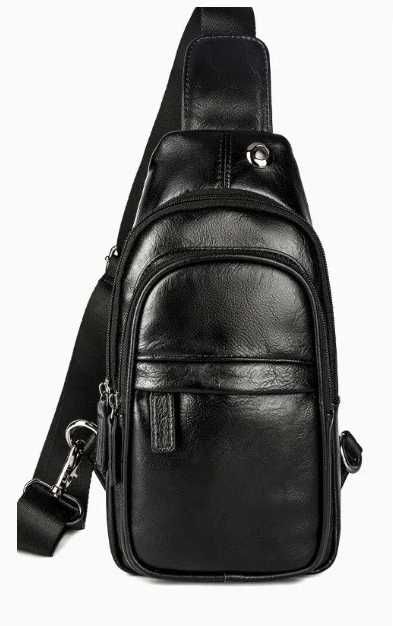 Чоловіча мужская черная кожаная сумка бананка слинг на груди барсетка