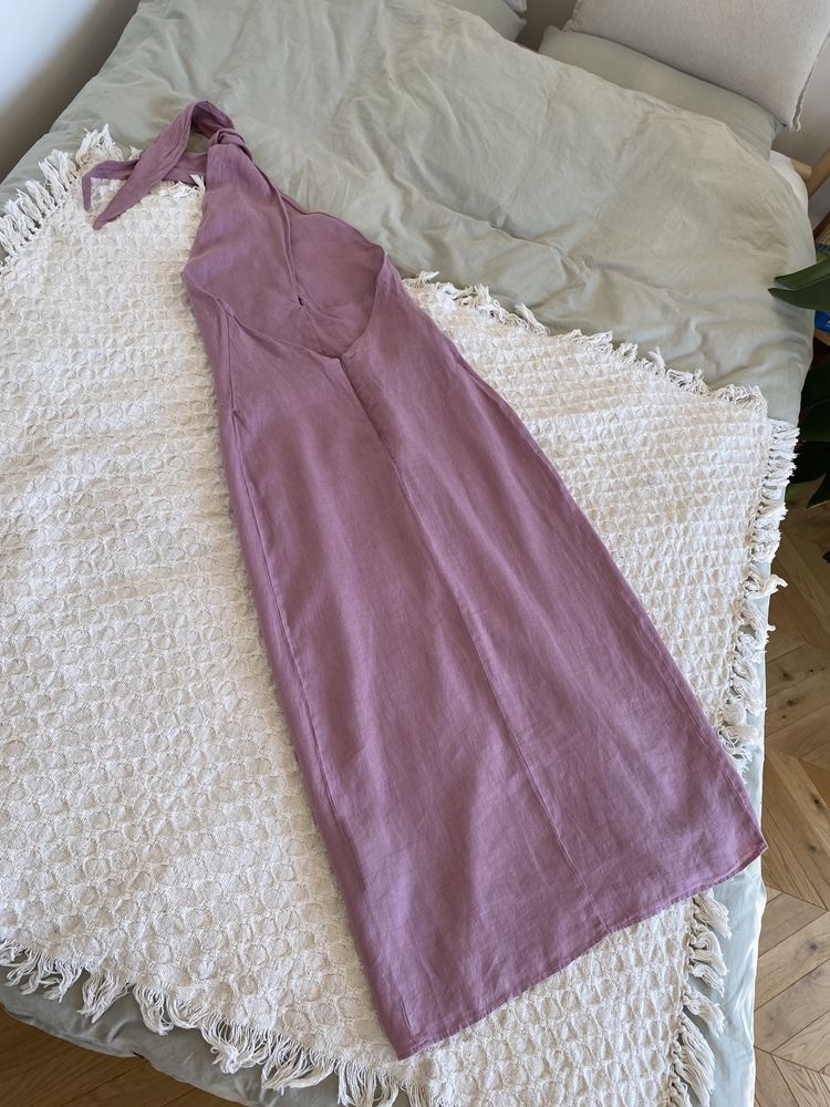 HIT viralowa lniana 100% liliowa sukienka ZARA 36 S dekolt halter