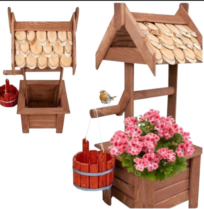 Kwietnik Drewniana Studnia Ozdoba Ogród Dom Doniczka