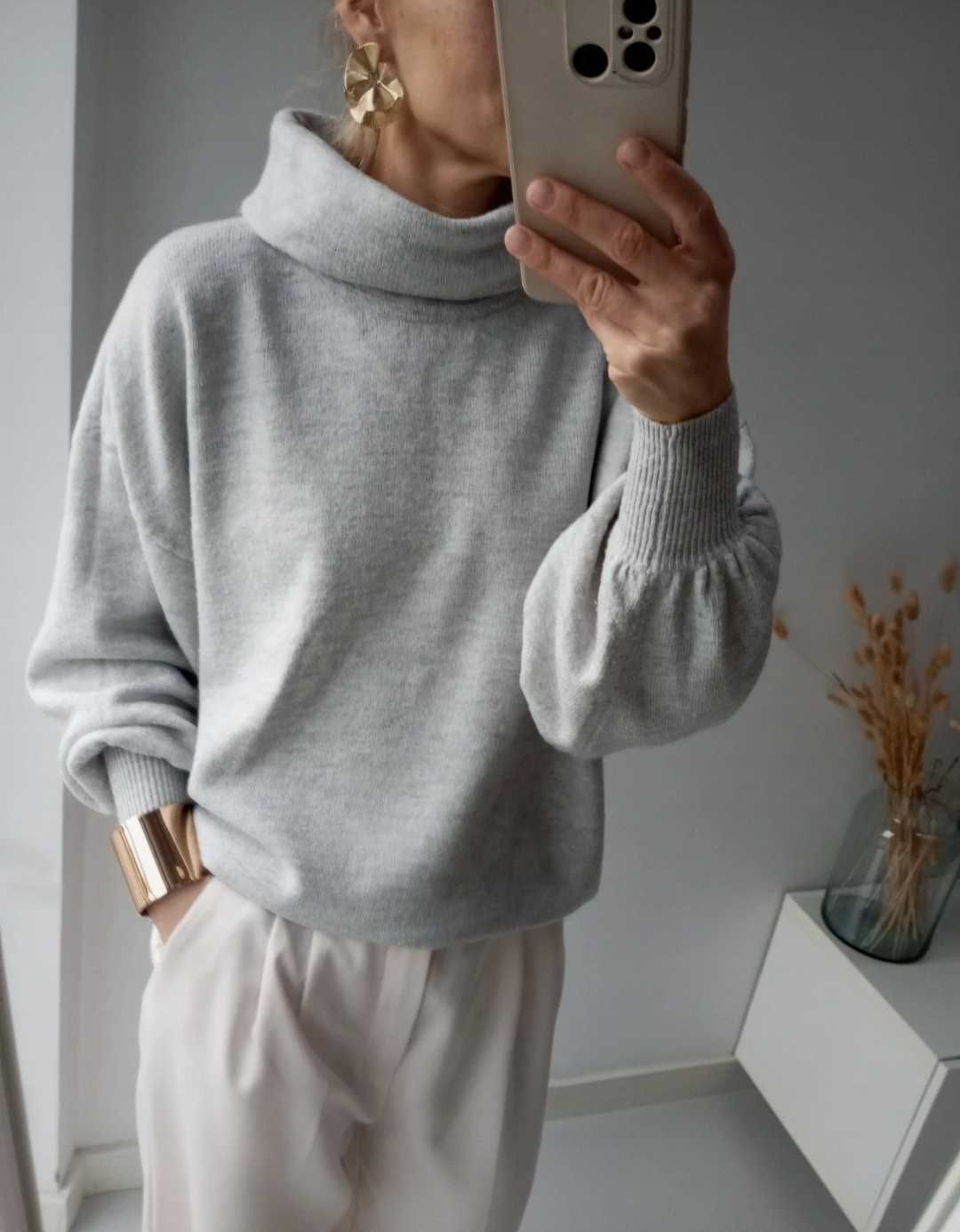 Asos szary sweter piękne rękawy duży L z golfem ciepły