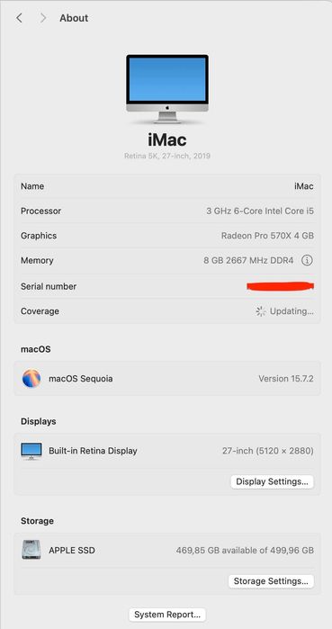 iMac 27" 2019 5K, Intel i5, 8GB de RAM, 512GB SSD