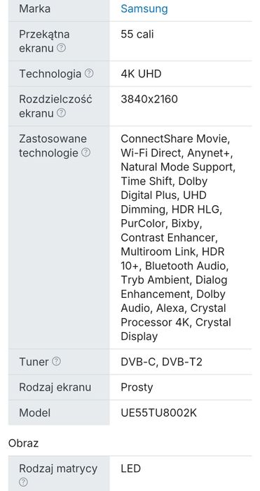 SAMSUNG 55cali 4K Crystal UHD Xbox DVB-T2 SMART telewizor