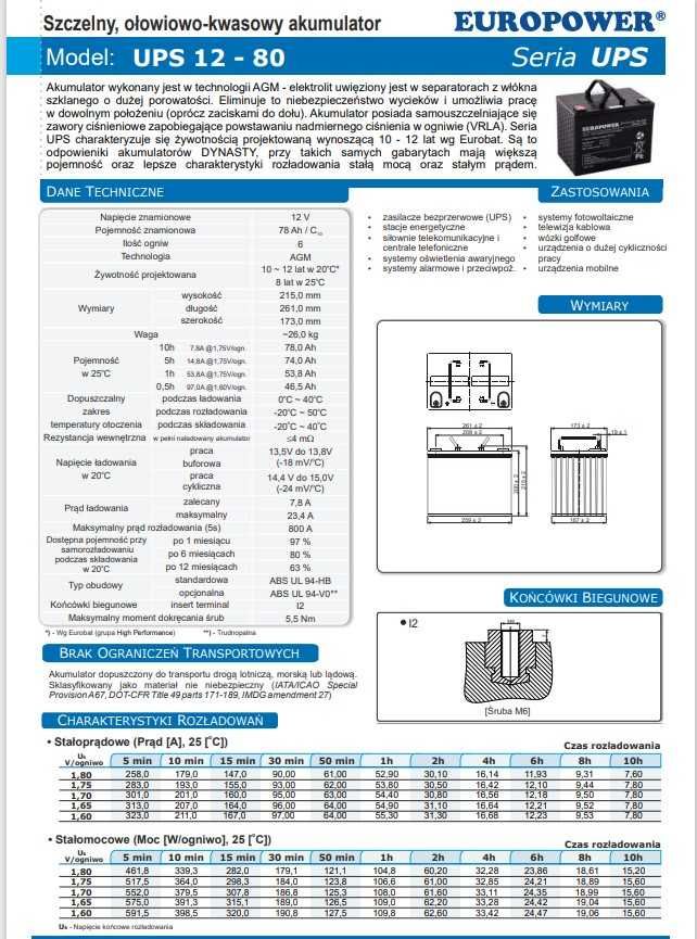 Akumulator UPS EUROPOWER 12V 80Ah AGM Model UPS 12 - 80  OKAZJA 60 KW