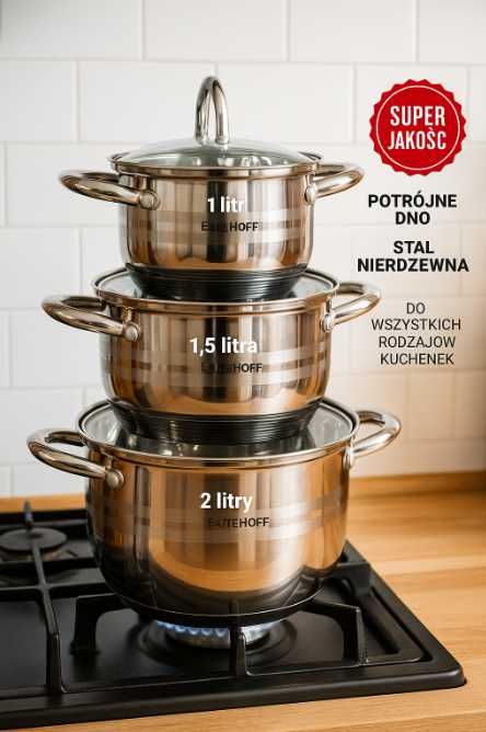 Komplet garnków 3 szt. stal nierdzewna 1L 1,5L 2L potrójne dno