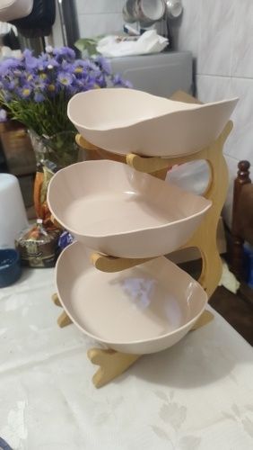 Patera 3 poziomowa na owoce przekąski beżowo drewniana