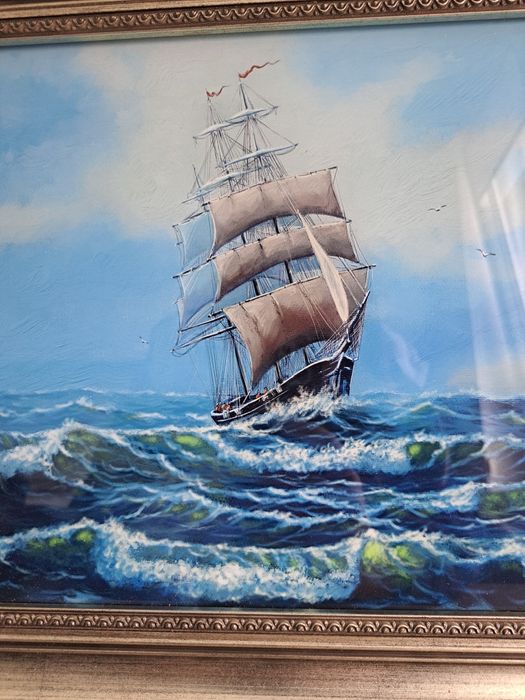 Obraz zeglowiec, statek w ramie srebrnej