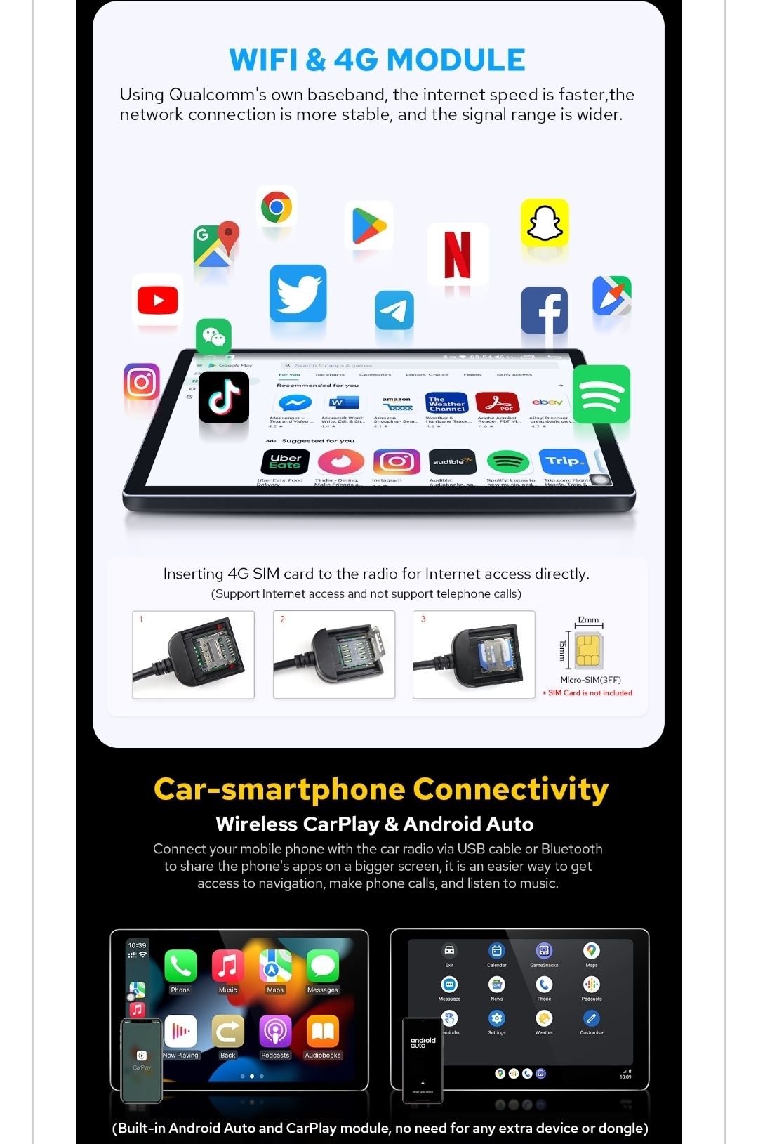 Auto rádio 1Din Android Novo com ecrã amovível