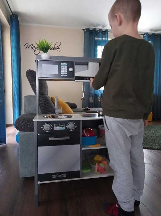 Drewniana kuchnia dla dzieci interaktywny okap akcesoria 100cm