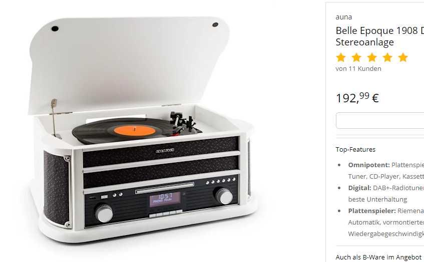 Проигрыватель виниловых пластинок auna Belle Epoque 1908 USB Bluetooth