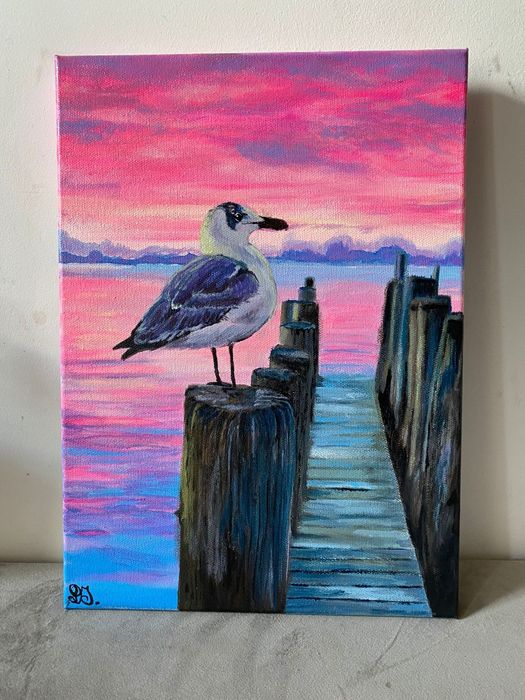 Obraz na płótnie morze mewa różowe niebo