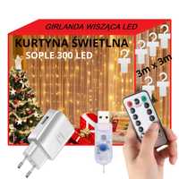KURTYNA Świetlna 3x3m SOPLE 300 LED Lampki + PILOT + Ładowarka USB