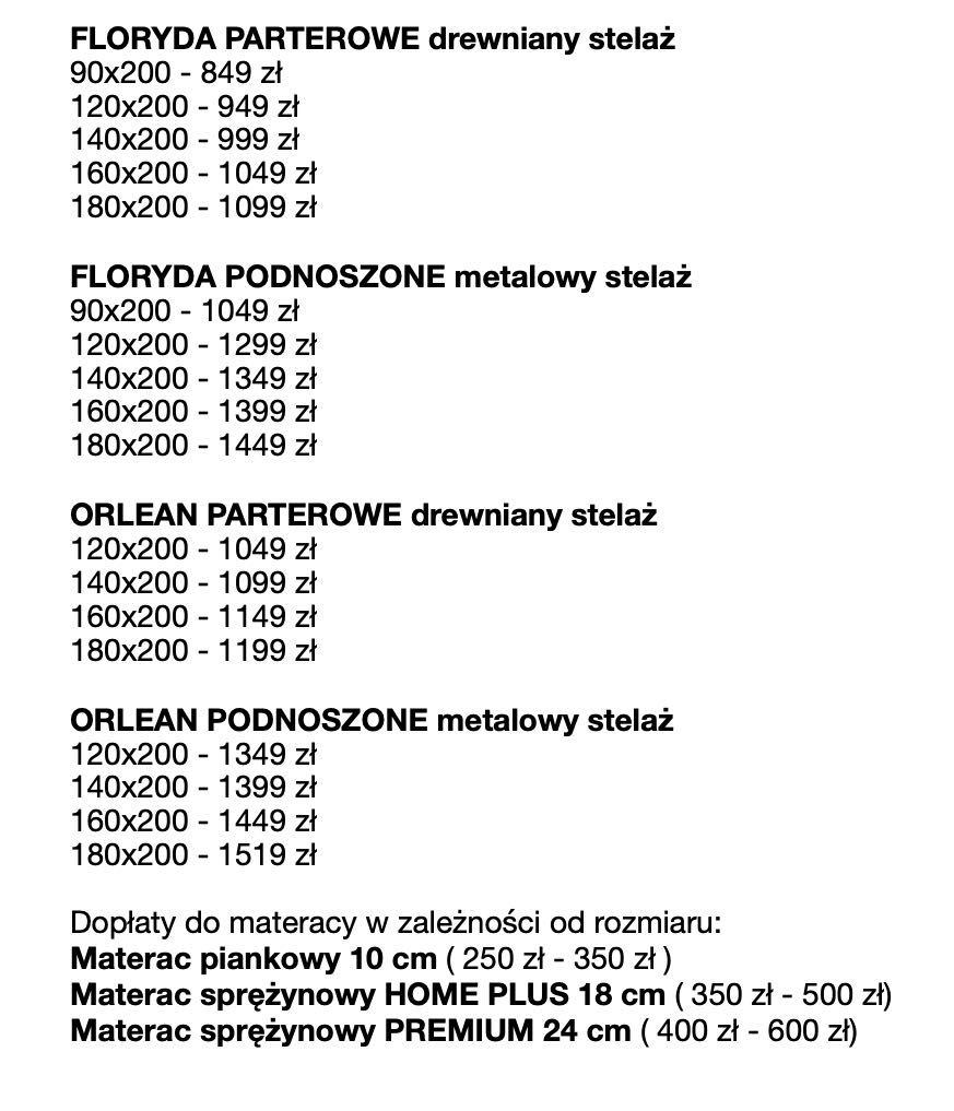 Łóżko Parterowe Małżeńskie z Podnoszonym stelażem + POJEMNIK MATERAC