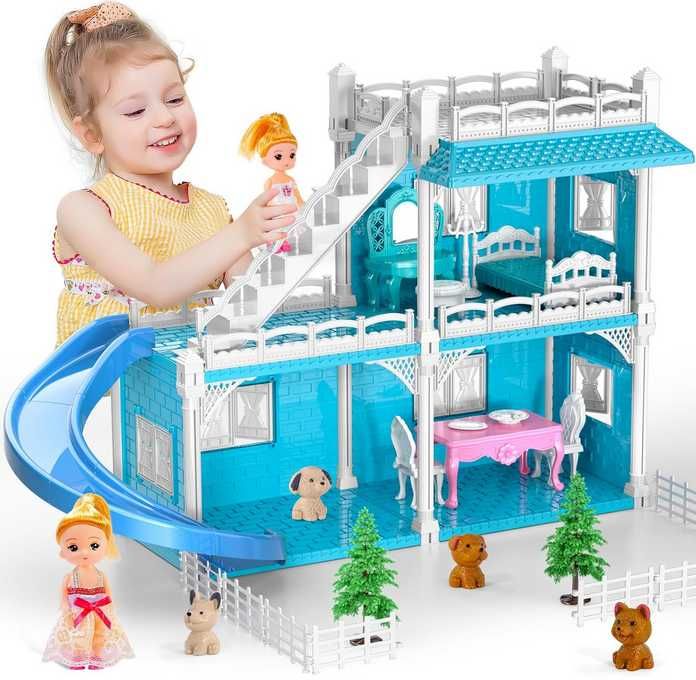 Domek dla lalek 2-poziomowy z akcesoriami i lalkami