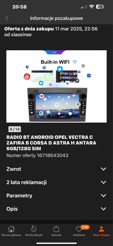 Radio Zafira B Android karta sim 6gb