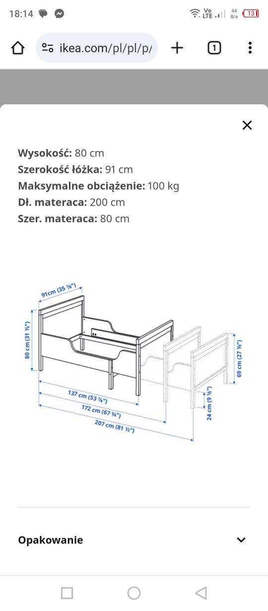 Łóżko łóżeczko Sundvik. Komplet z materacem.