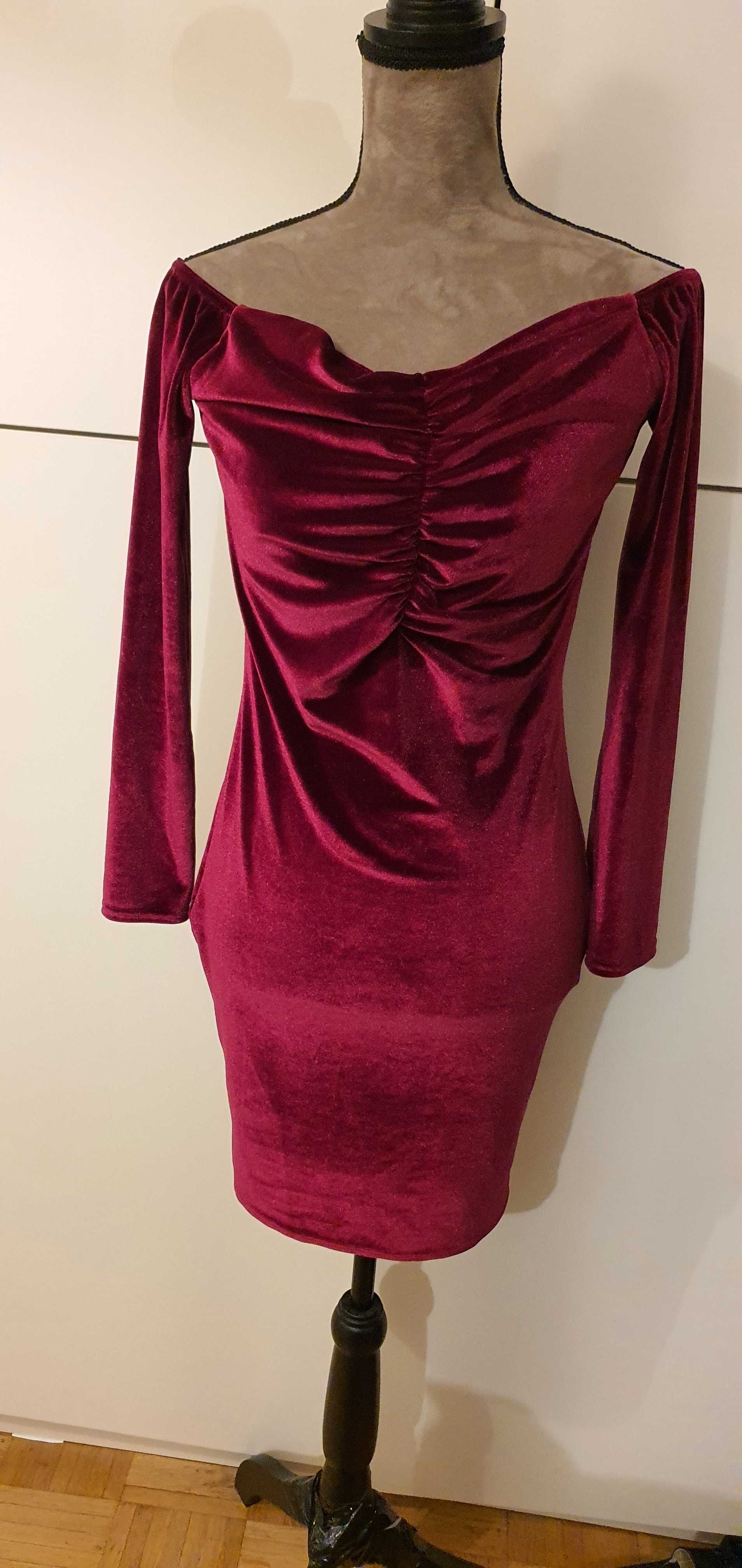 Elegancka świąteczna sukienka aksamit welur S M 36 38 bordowaNly Trend