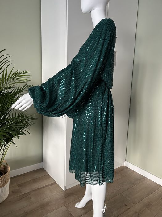Sukienka zielona cekiny błyszcząca plus size cekinowa midi nowa rękaw