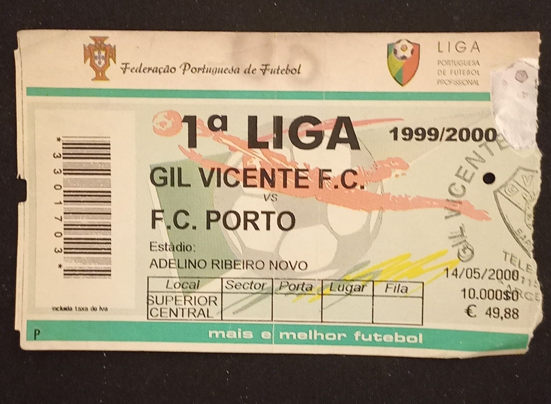 Bilhete jogo futebol, Gil Vicente- FC Porto,  época 1999/2000