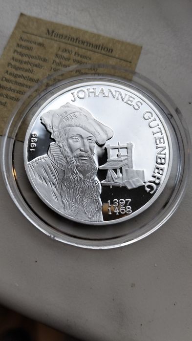 Benin 1000 Franków 1999 r J. Gutenberg srebro 999