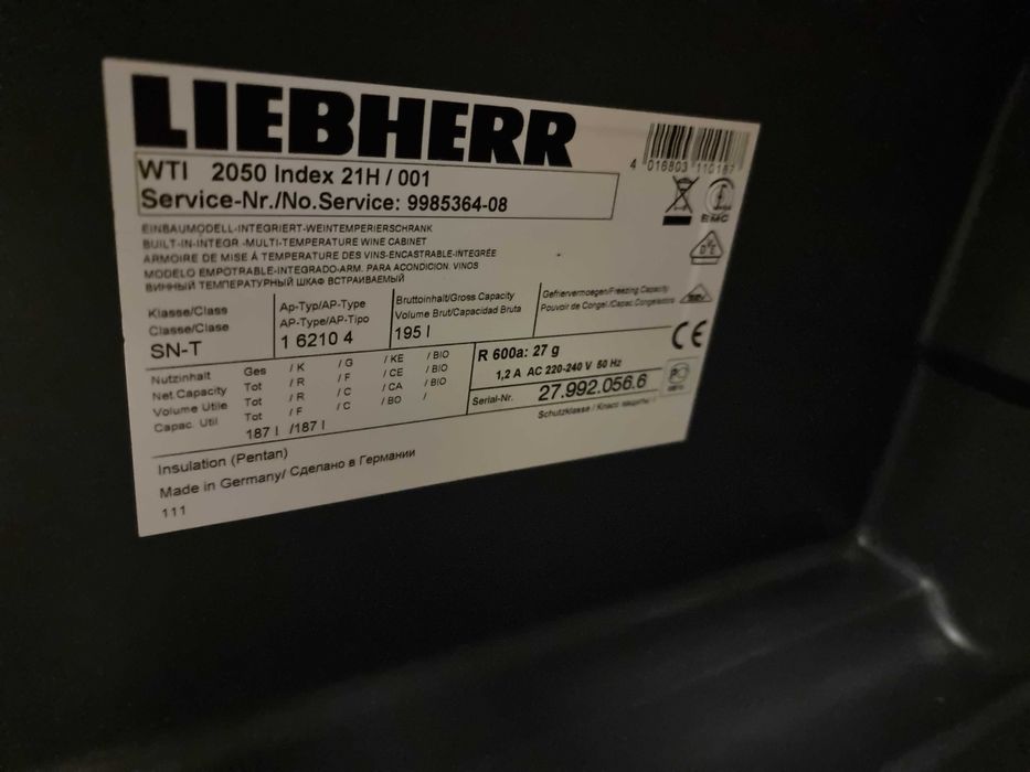 Chłodziarka do wina, winiarka do zabudowy Liebherr 2050,wys.122cm,195L